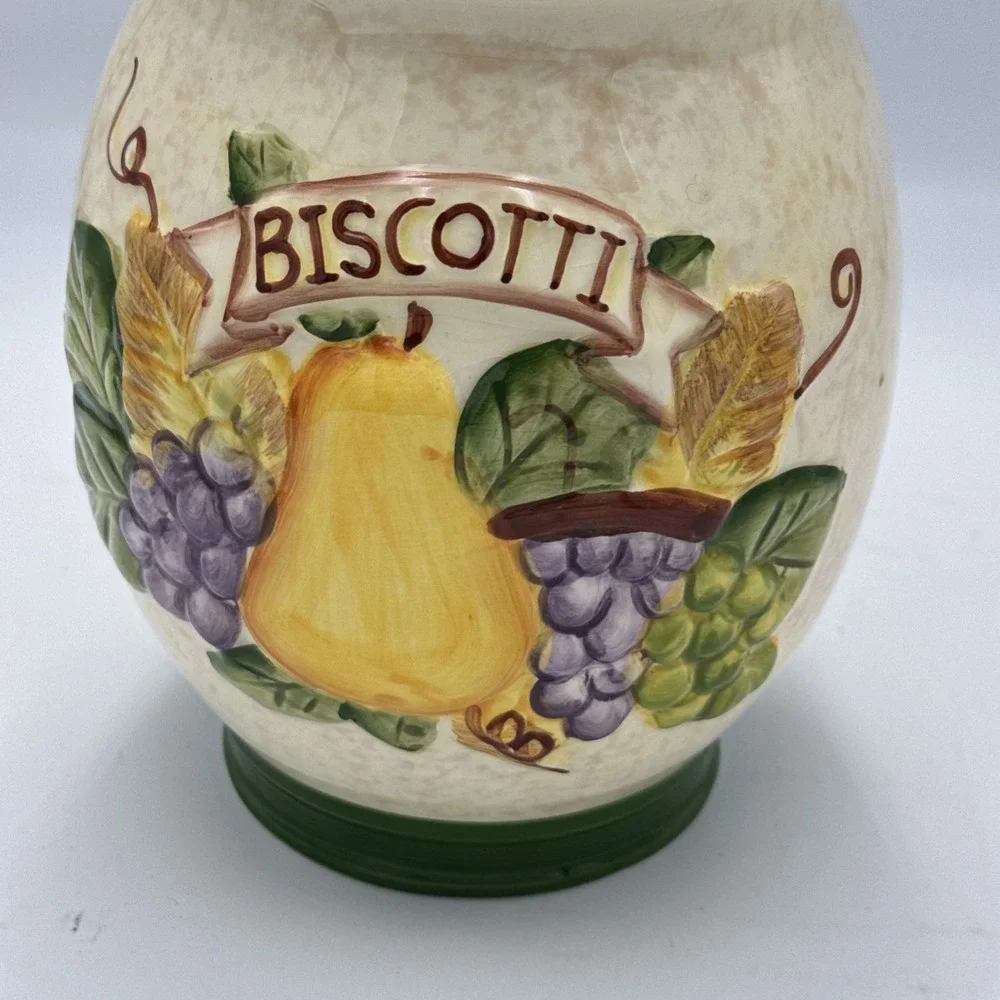 Nonnis Biscotti Cookie Jar Canister Vintage Apple Pear Grape Ceramic Lid 9in